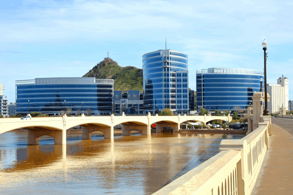 Modern buildings and bridge over a river.