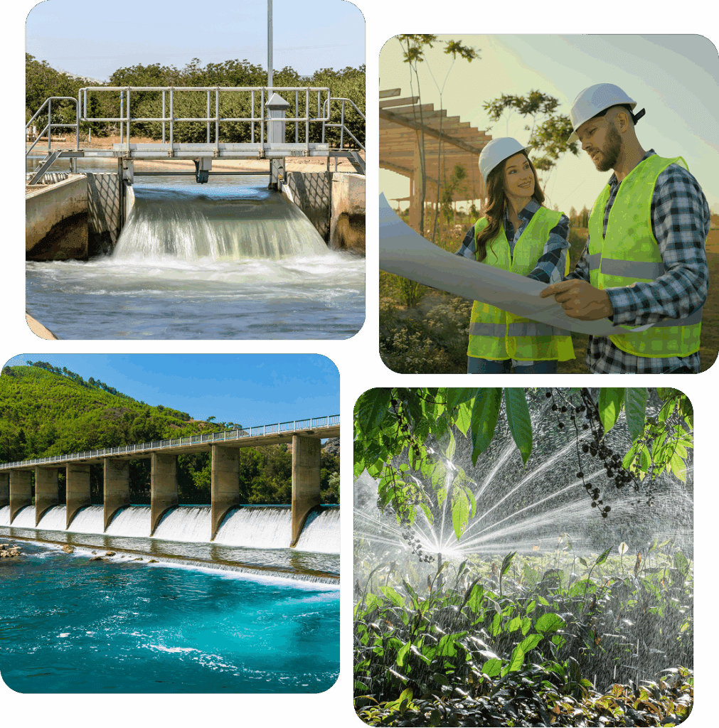 Water management: dam, irrigation, engineers, water flow.
