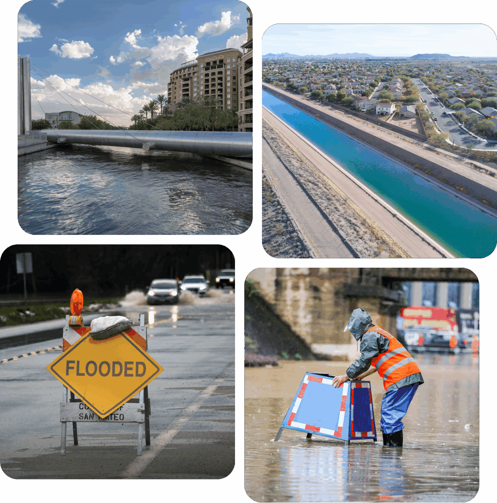 Flooded streets and waterways in urban areas.