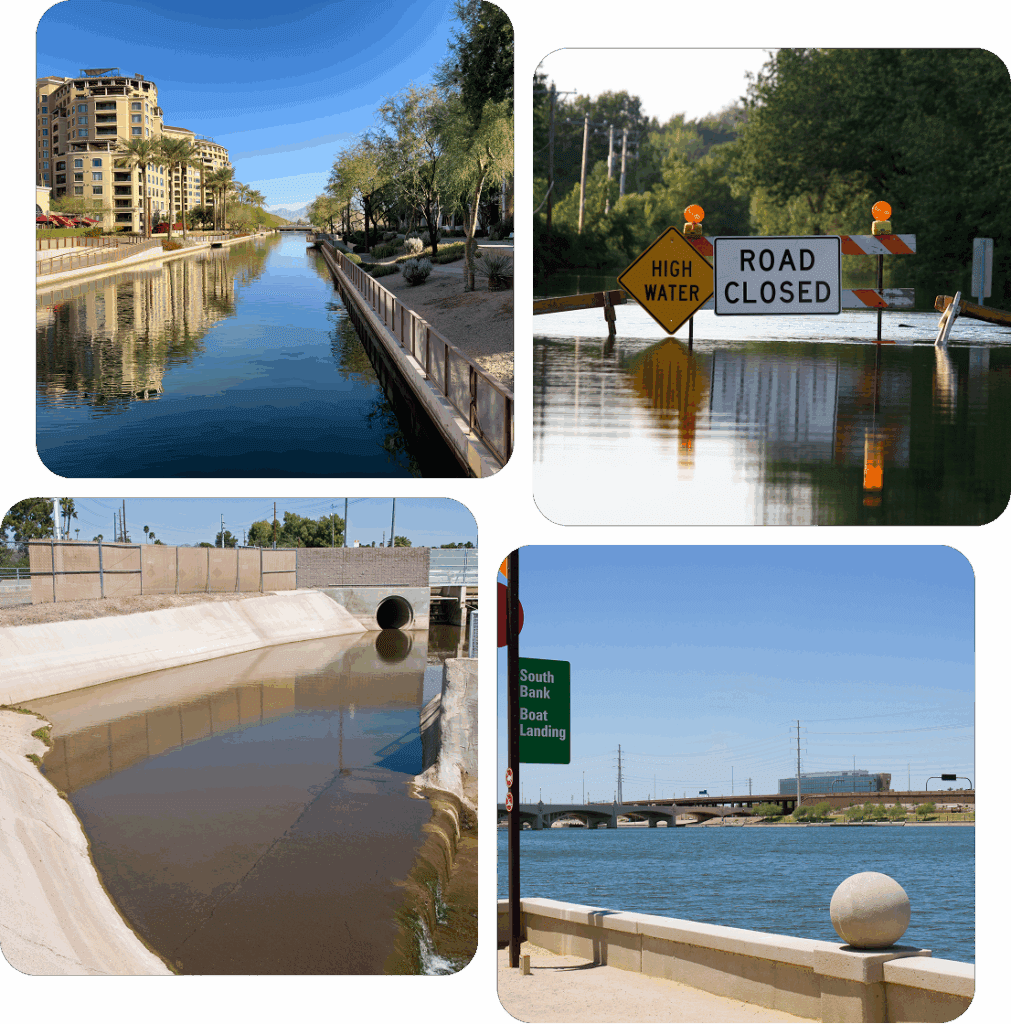 Waterways and road closure signs collage.