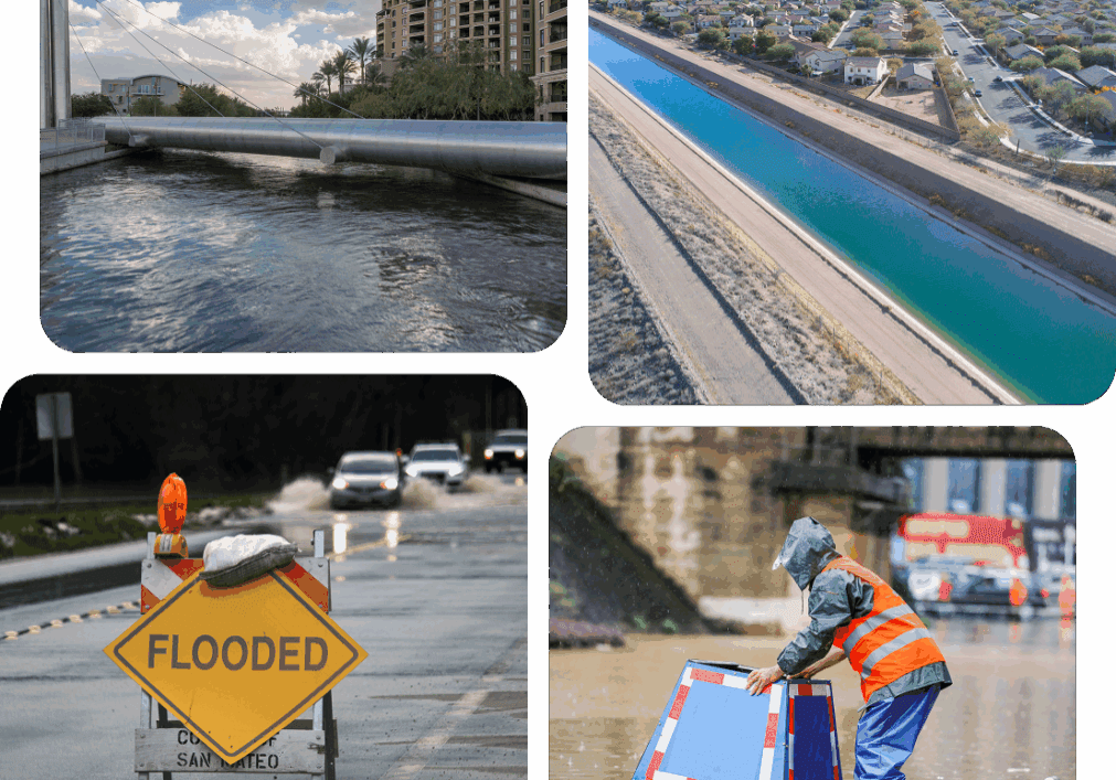 Flooded streets and waterways in urban areas.