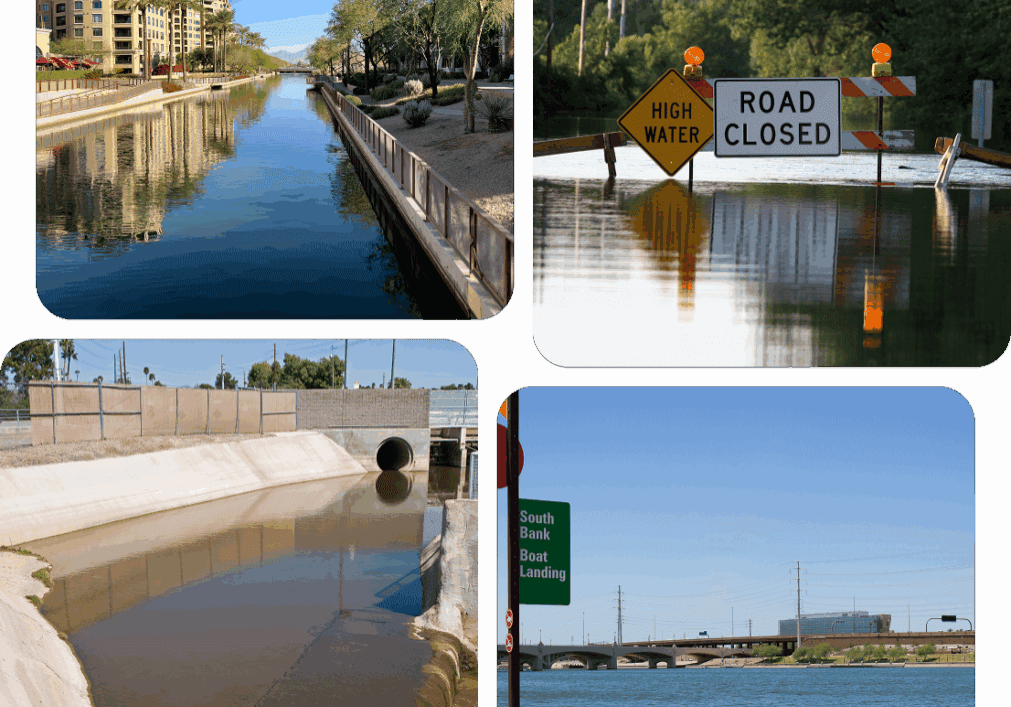 Waterways and road closure signs collage.